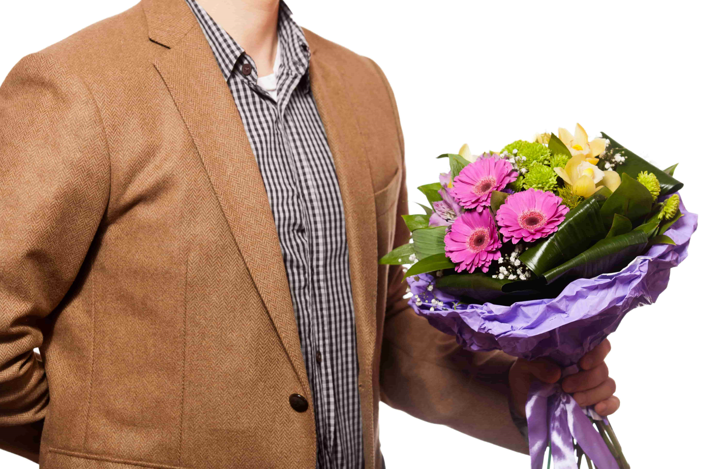 A faceless man in a brown suit with a bouquet of flowers, experiencing date nerves.