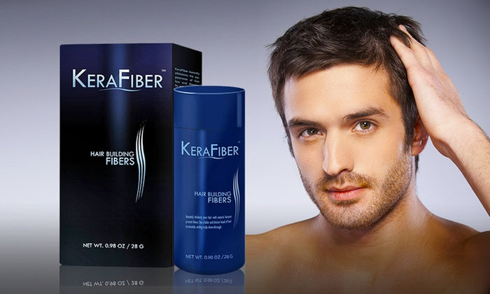 KeraFiber hair building fibers next to a handsome male model with a full head of hair.